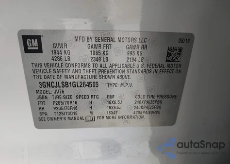 2016 Chevrolet Trax Lt из США, поврежденный, VIN 3GNCJLSB1GL264505